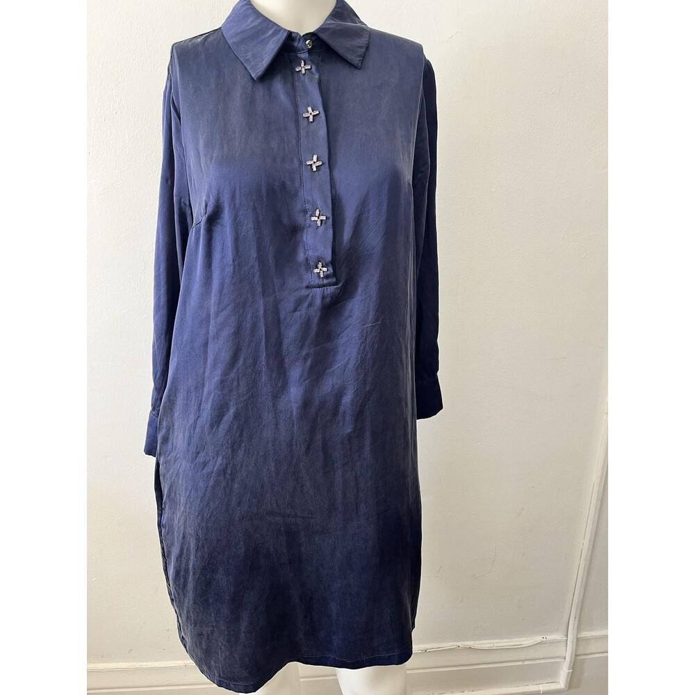 Lusio Size Small Navy Blue Silk tunic collared shirt Dress crystal cross buttons